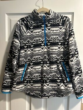 T by Talbots Black and White Fair Isle Fleece Pullover